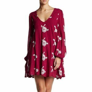NWT FREE PEOPLE Embroidered Swing Dress in Red Cute Fall Dress